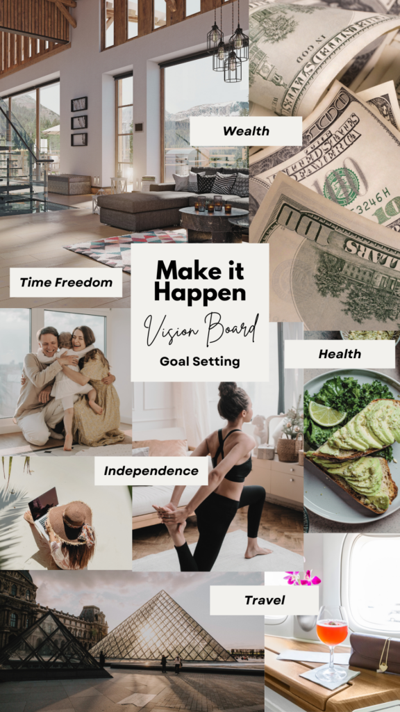 From Reflection to Action: Setting Goals That Align with the Life You Want. A vision board of the life you want. Wealth. Time Freedom, Health, Independence, Travel. 